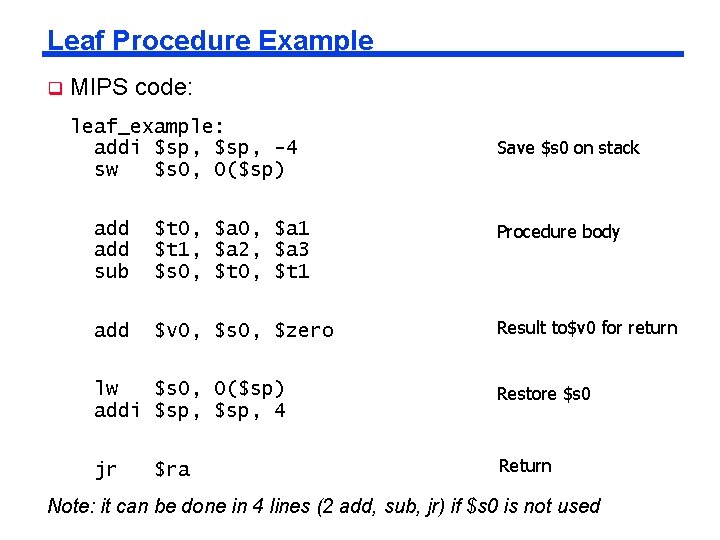 Leaf Procedure Example q MIPS code: leaf_example: addi $sp, -4 sw $s 0, 0($sp)