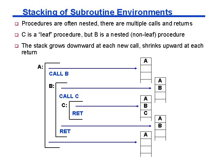 Stacking of Subroutine Environments q Procedures are often nested, there are multiple calls and