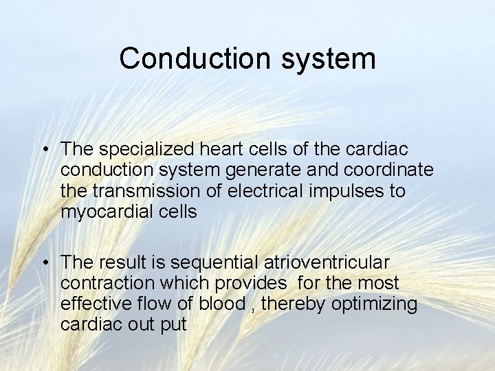 Conduction system • The specialized heart cells of the cardiac conduction system generate and