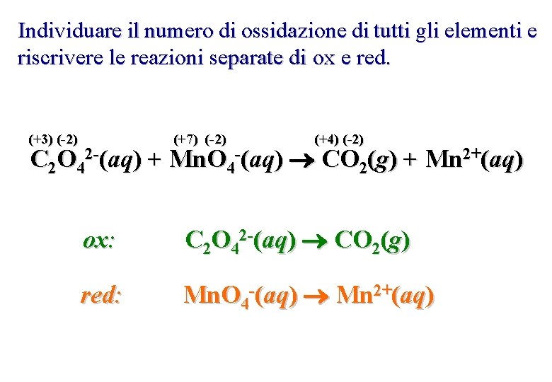 Individuare il numero di ossidazione di tutti gli elementi e riscrivere le reazioni separate