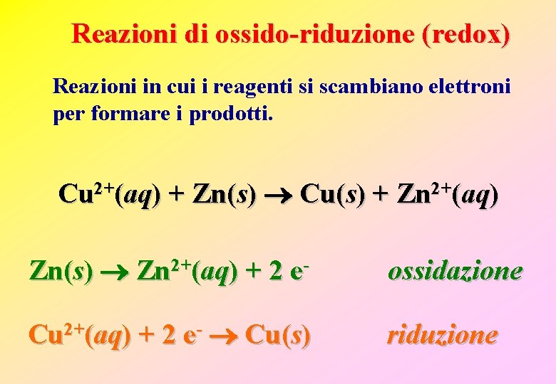 Reazioni di ossido-riduzione (redox) Reazioni in cui i reagenti si scambiano elettroni per formare