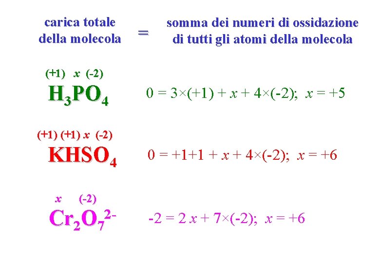 carica totale della molecola = somma dei numeri di ossidazione di tutti gli atomi