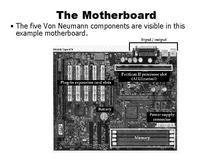 The Motherboard • The five Von Neumann components are visible in this example motherboard. The Motherboard • The five Von Neumann components are visible in this example motherboard.