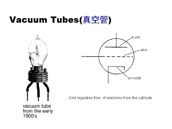 Vacuum Tubes(真空管) Grid regulates flow of electrons from the cathode Vacuum Tubes(真空管) Grid regulates flow of electrons from the cathode