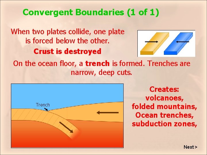 Convergent Boundaries (1 of 1) When two plates collide, one plate is forced below