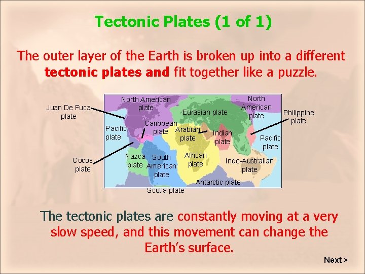 Tectonic Plates (1 of 1) The outer layer of the Earth is broken up