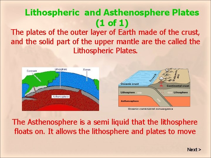 Lithospheric and Asthenosphere Plates (1 of 1) The plates of the outer layer of
