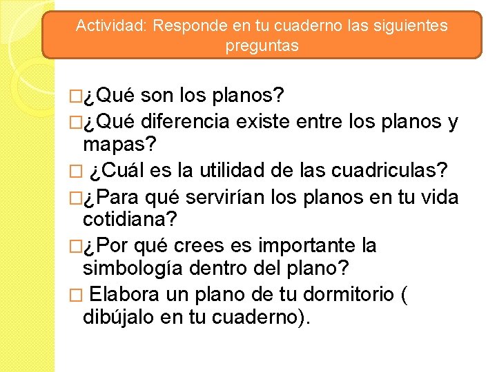 Actividad: Responde en tu cuaderno las siguientes preguntas �¿Qué son los planos? �¿Qué diferencia