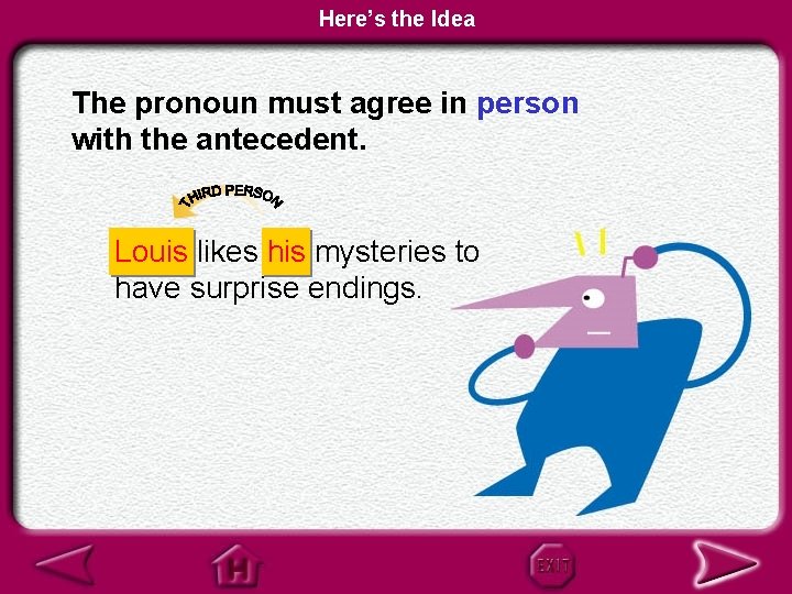 Here’s the Idea The pronoun must agree in person with the antecedent. Louis likes