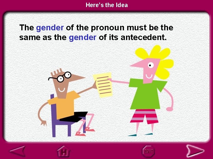 Here’s the Idea The gender of the pronoun must be the same as the