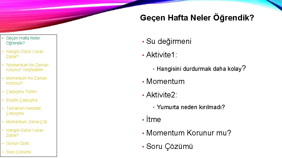 Geçen Hafta Neler Öğrendik? • Su değirmeni • Hangisi Daha Yukarı Zıplar? • Aktivite