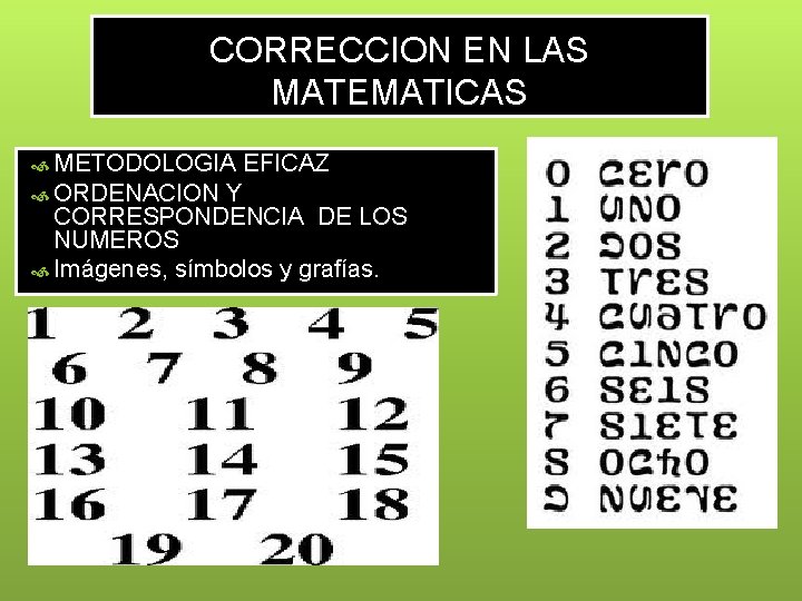 CORRECCION EN LAS MATEMATICAS METODOLOGIA EFICAZ ORDENACION Y CORRESPONDENCIA DE LOS NUMEROS Imágenes, símbolos