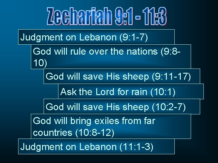 Judgment on Lebanon (9: 1 -7) God will rule over the nations (9: 810)