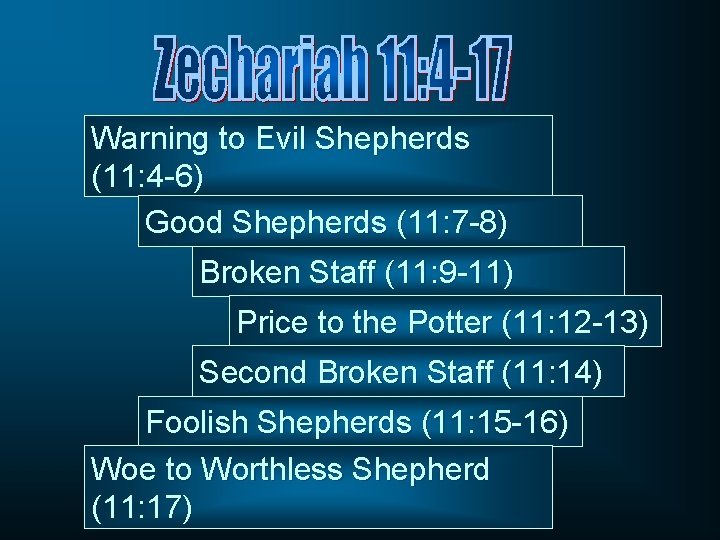 Warning to Evil Shepherds (11: 4 -6) Good Shepherds (11: 7 -8) Broken Staff
