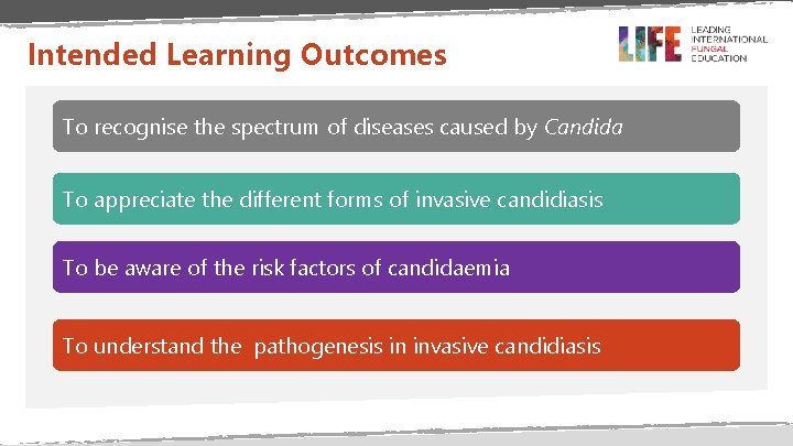 Intended Learning Outcomes To recognise the spectrum of diseases caused by Candida To appreciate