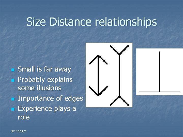 Size Distance relationships n n Small is far away Probably explains some illusions Importance