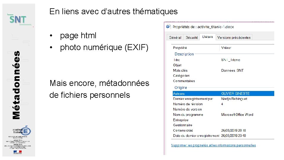 Métadonnées SNT En liens avec d’autres thématiques • page html • photo numérique (EXIF)