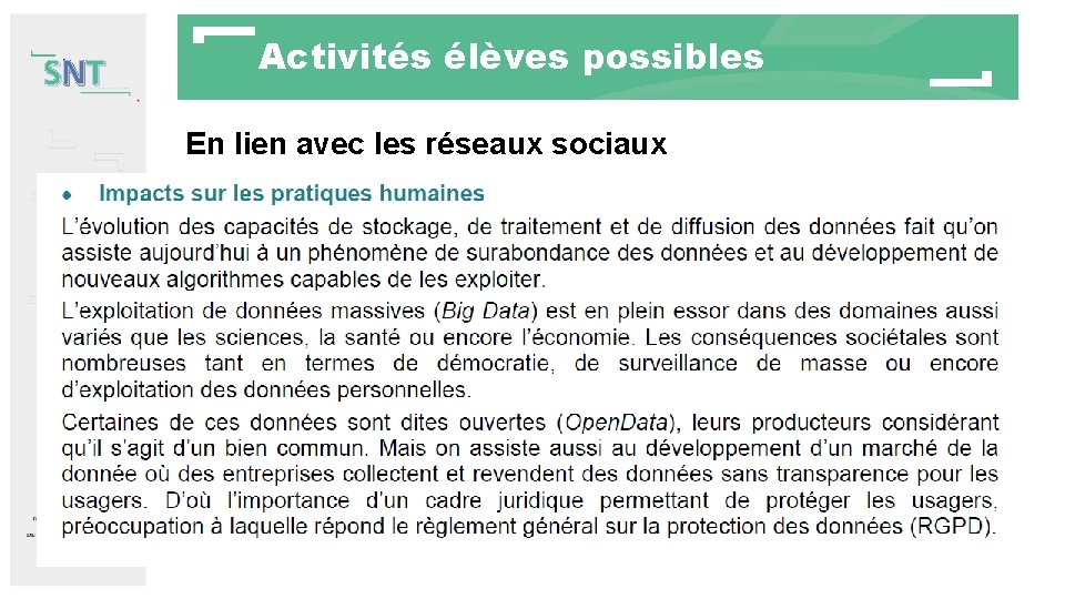 SNT Activités élèves possibles En lien avec les réseaux sociaux 