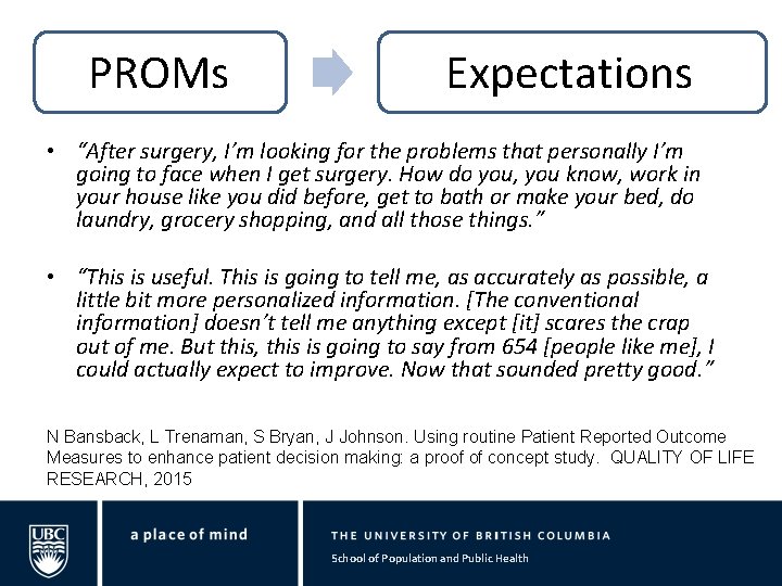 PROMs Expectations • “After surgery, I’m looking for the problems that personally I’m going