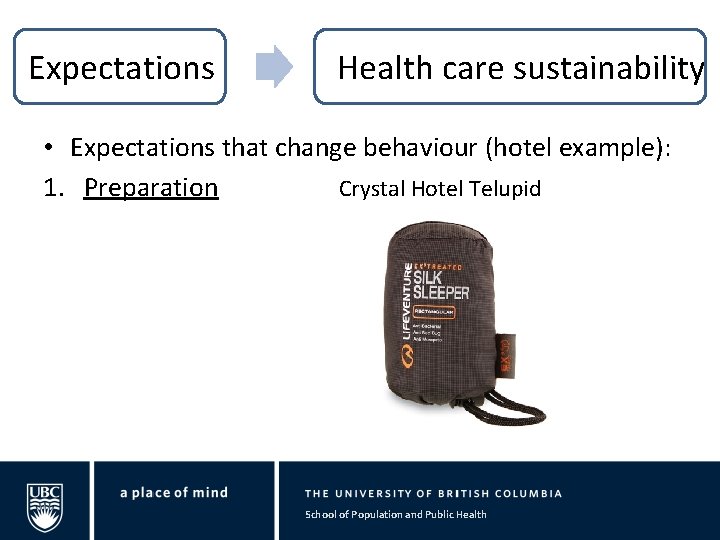 Expectations Health care sustainability • Expectations that change behaviour (hotel example): 1. Preparation Crystal