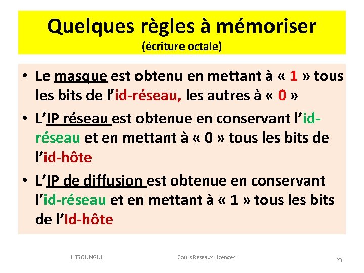 Quelques règles à mémoriser (écriture octale) • Le masque est obtenu en mettant à