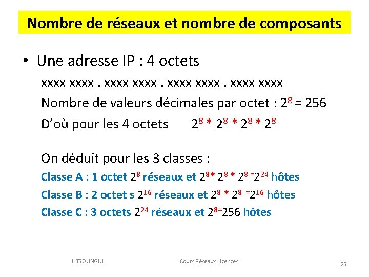 Nombre de réseaux et nombre de composants • Une adresse IP : 4 octets