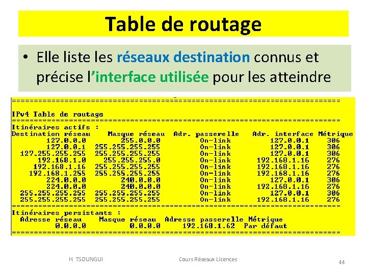 Table de routage • Elle liste les réseaux destination connus et précise l’interface utilisée