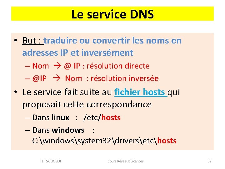 Le service DNS • But : traduire ou convertir les noms en adresses IP