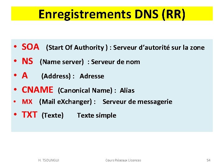Enregistrements DNS (RR) • • SOA (Start Of Authority ) : Serveur d’autorité sur