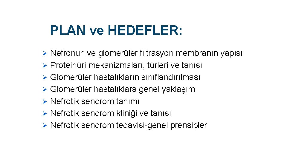 PLAN ve HEDEFLER: Ø Ø Ø Ø Nefronun ve glomerüler filtrasyon membranın yapısı Proteinüri