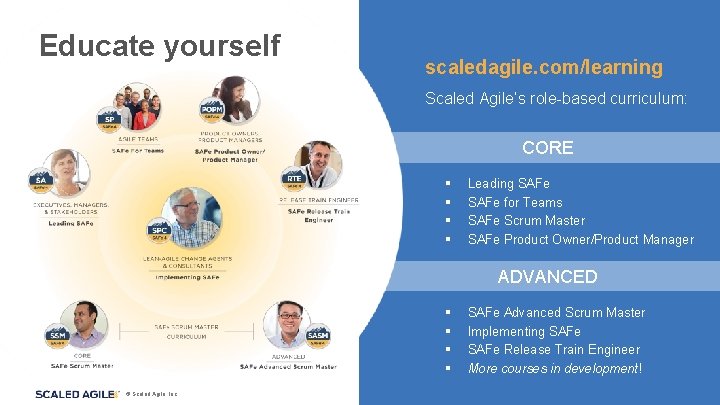 Educate yourself scaledagile. com/learning Scaled Agile’s role-based curriculum: CORE § § Leading SAFe for