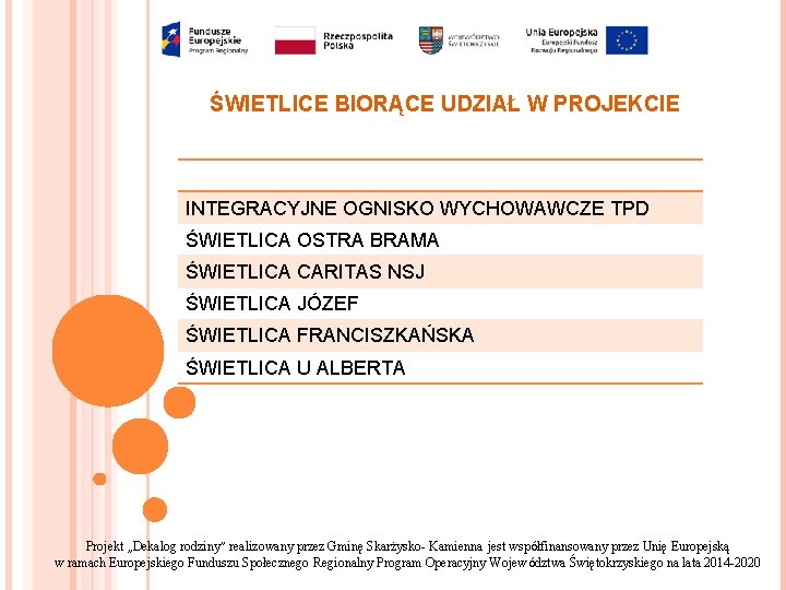 ŚWIETLICE BIORĄCE UDZIAŁ W PROJEKCIE INTEGRACYJNE OGNISKO WYCHOWAWCZE TPD ŚWIETLICA OSTRA BRAMA ŚWIETLICA CARITAS