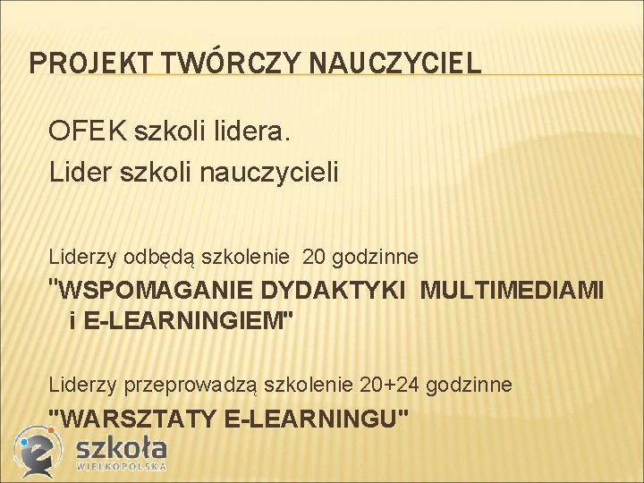 PROJEKT TWÓRCZY NAUCZYCIEL OFEK szkoli lidera. Lider szkoli nauczycieli Liderzy odbędą szkolenie 20 godzinne