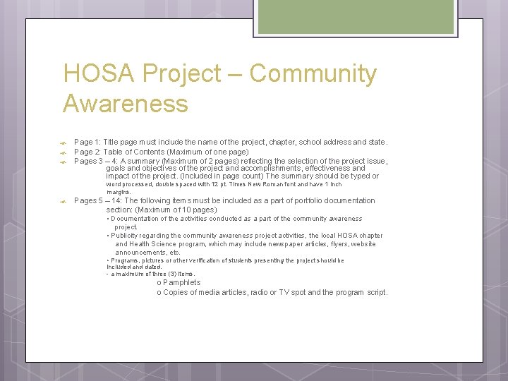 HOSA Project – Community Awareness Page 1: Title page must include the name of HOSA Project – Community Awareness Page 1: Title page must include the name of