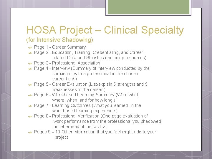 HOSA Project – Clinical Specialty (for Intensive Shadowing) Page 1 - Career Summary Page HOSA Project – Clinical Specialty (for Intensive Shadowing) Page 1 - Career Summary Page