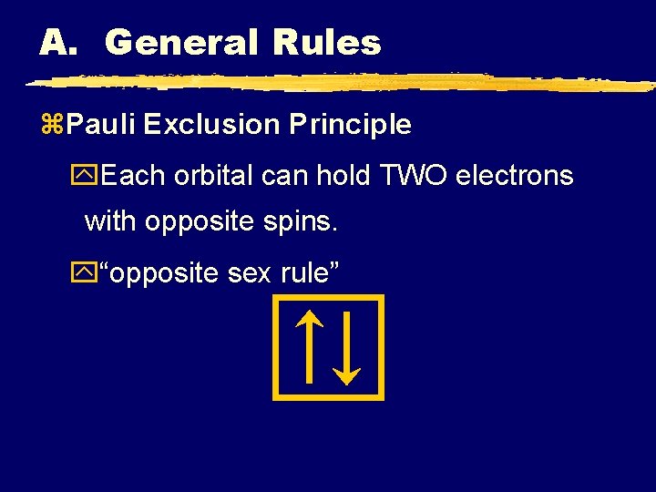 A. General Rules z. Pauli Exclusion Principle y. Each orbital can hold TWO electrons