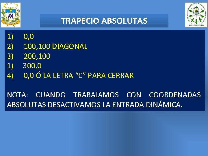 TRAPECIO ABSOLUTAS 1) 2) 3) 1) 4) 0, 0 100, 100 DIAGONAL 200, 100