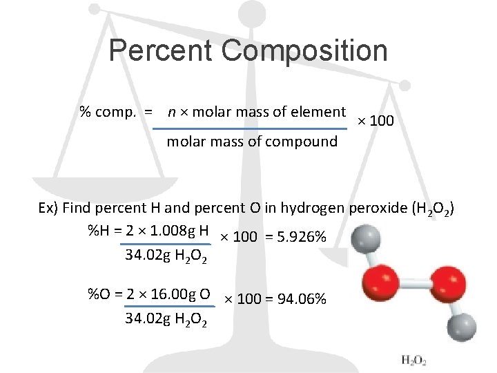 Percent Composition % comp. = n × molar mass of element × 100 molar