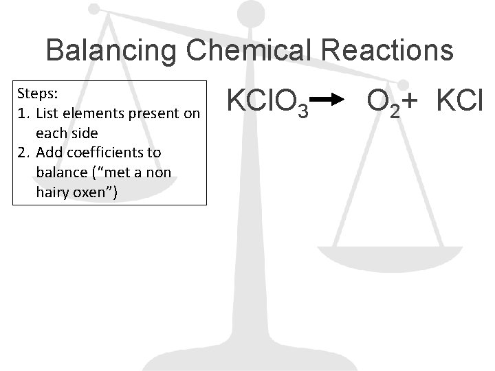 Balancing Chemical Reactions Steps: 1. List elements present on each side 2. Add coefficients