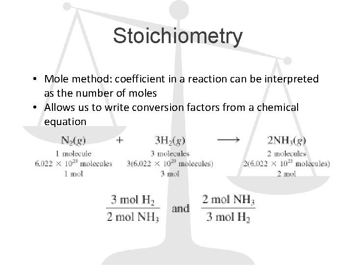 Stoichiometry • Mole method: coefficient in a reaction can be interpreted as the number