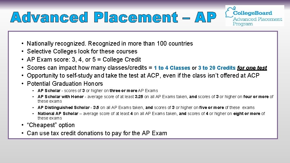 Advanced Placement – AP • • • Nationally recognized. Recognized in more than 100