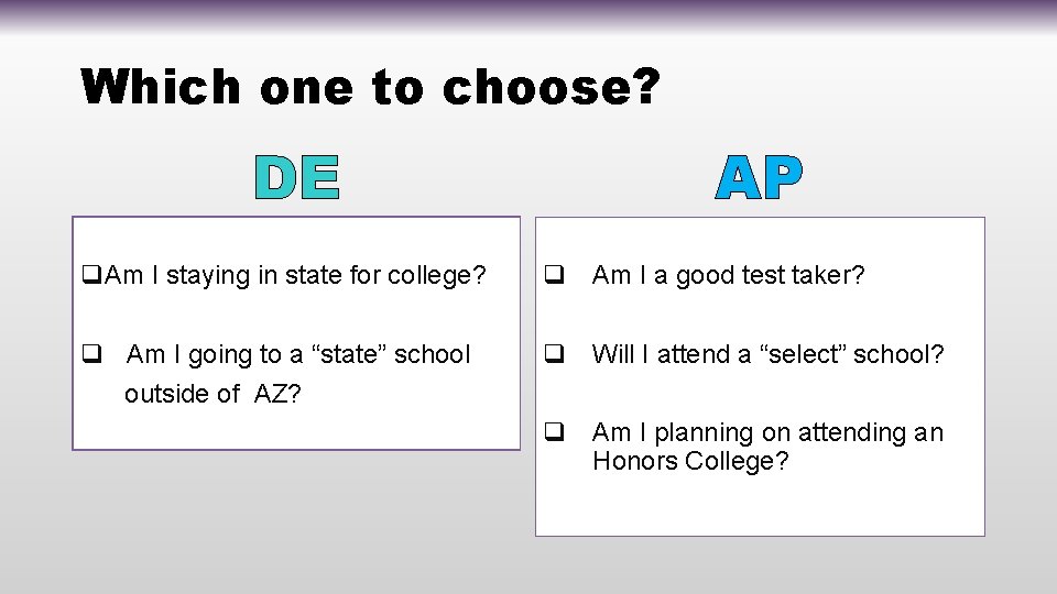 Which one to choose? DE q. Am I staying in state for college? q