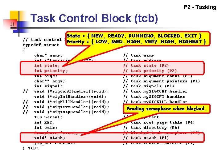 P 2 - Tasking 11 Task Control Block (tcb) State = { NEW, READY,