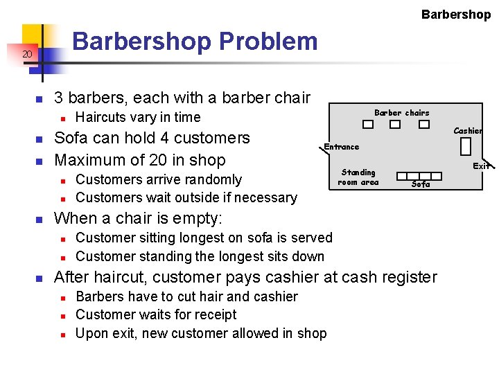 Barbershop Problem 20 n 3 barbers, each with a barber chair n n n