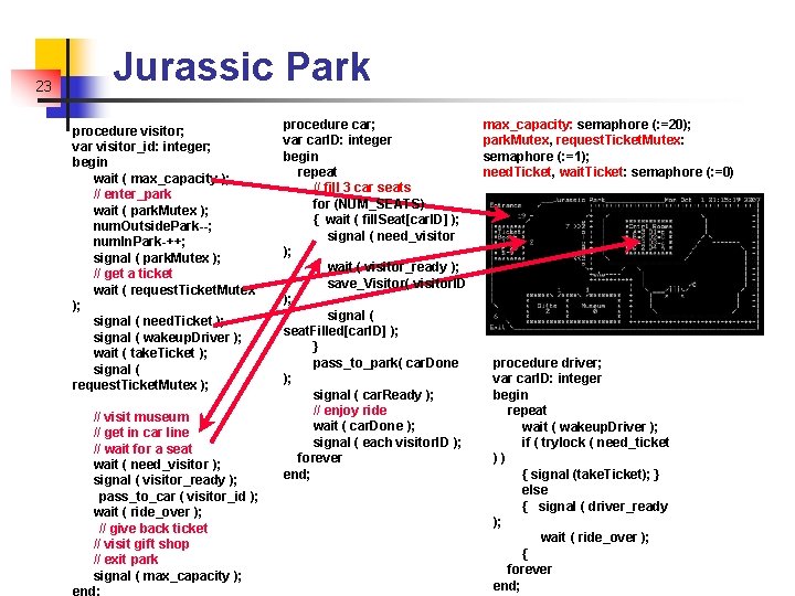 23 Jurassic Park procedure visitor; var visitor_id: integer; begin wait ( max_capacity ); //