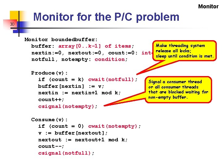 Monitor 30 Monitor for the P/C problem Monitor boundedbuffer: Make threading system buffer: array[0.