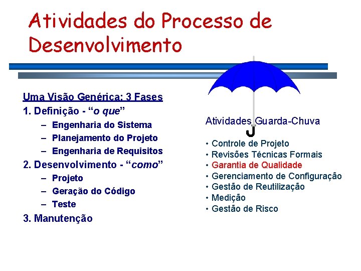 Atividades do Processo de Desenvolvimento Uma Visão Genérica: 3 Fases 1. Definição - “o