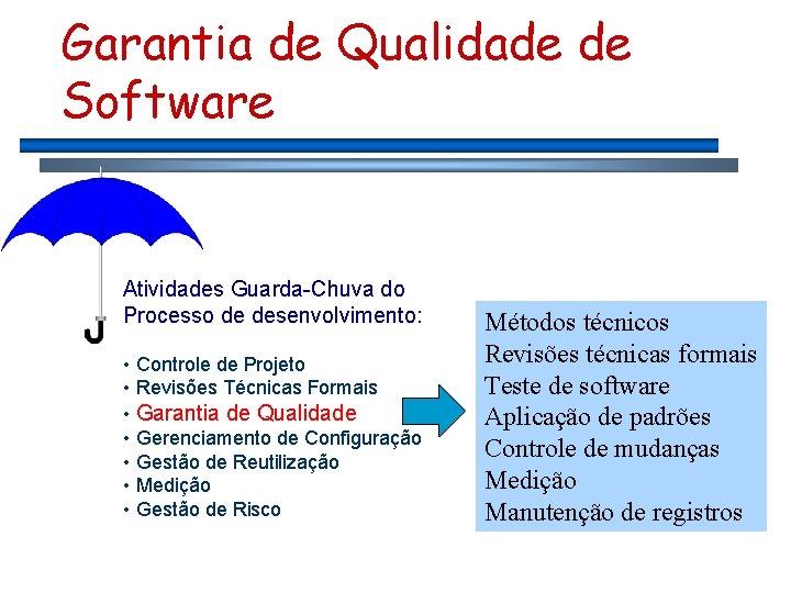 Garantia de Qualidade de Software Atividades Guarda-Chuva do Processo de desenvolvimento: • Controle de