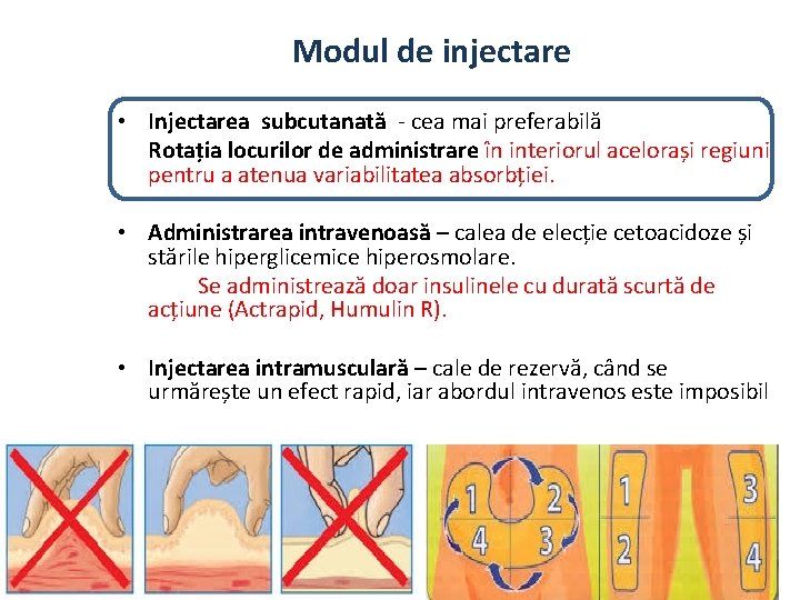 Modul de injectare • Injectarea subcutanată - cea mai preferabilă Rotația locurilor de administrare