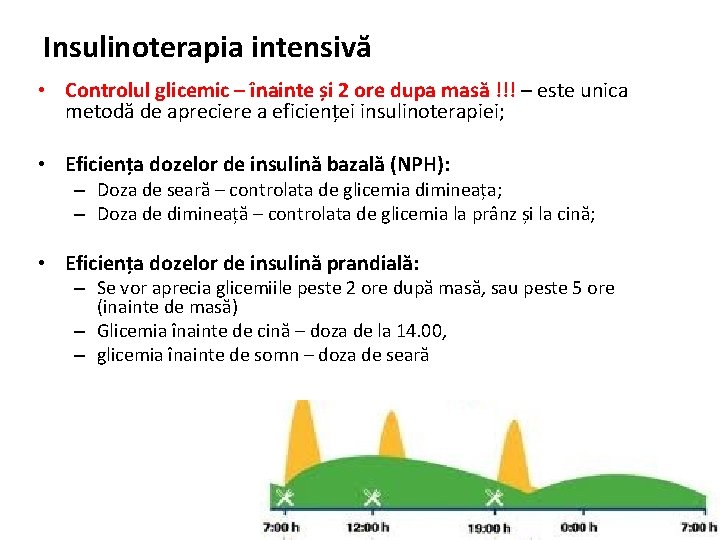 Insulinoterapia intensivă • Controlul glicemic – înainte și 2 ore dupa masă !!! –